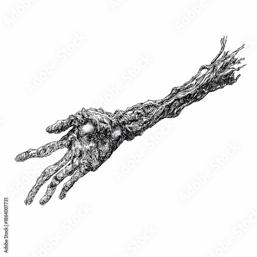 Severed human arm mutating into thorny twisted branches, cursed limb icon, hand drawn ink sketch.