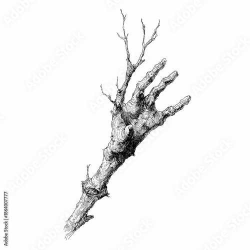 Severed human arm mutating into thorny twisted branches, cursed limb icon, hand drawn ink sketch.