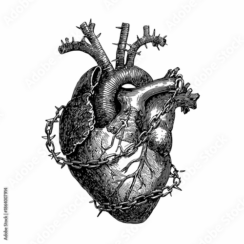 Human heart bound by rusted iron chains, dark magic symbol, hand drawn ink sketch.