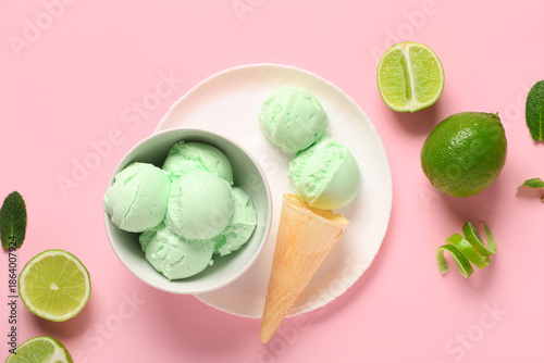 Bowl with lime ice cream, p...