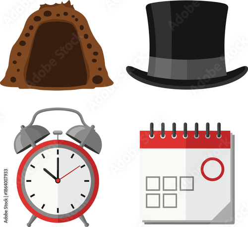 Vintage cave entrance with clock calendar and top hat