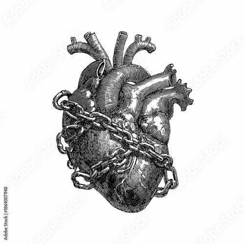 Human heart bound by rusted iron chains, dark magic symbol, hand drawn ink sketch.