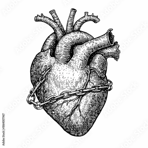 Human heart bound by rusted iron chains, dark magic symbol, hand drawn ink sketch.