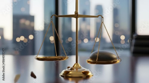 A brass balance scale displays different weights on its pans, symbolizing justice and balance.