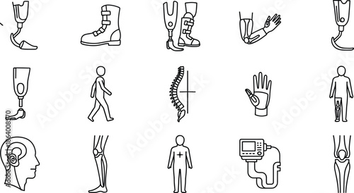 Artificial Limbs, Spinal Column, Walking Person, Medical Device, Hearing Aid, and Joint Outline Symbols Collection.