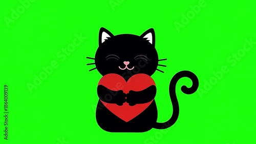 A cute black cartoon cat with a happy face holding a red heart on a green screen background. Perfect for Valentine’s Day, children’s content, greetings, wedding, etc