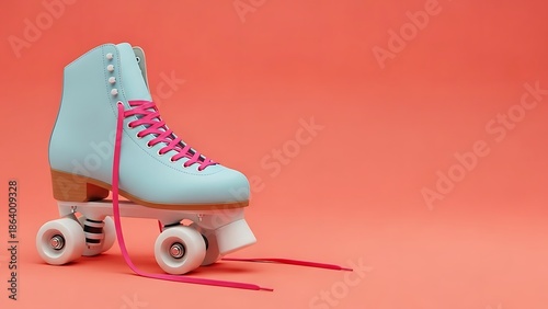 A single blue roller skate with pink laces on a vibrant orange background