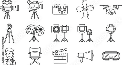 Camera, Lighting, Drone, Tripod, Director's Chair, Clapboard, Megaphone, and Studio Equipment Outline Collection.