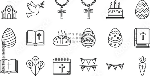 Church, Cross, Bible, Eggs, Dove, and Celebration Outline Graphic Collection