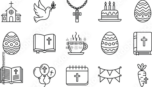Church, Cross, Bible, Dove, Decorated Eggs, Calendar, Cake, and Balloons Outline Symbols Collection.