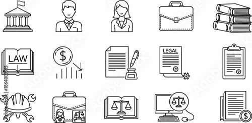 Court Building, Lawyer, Legal Document, Balance, Briefcase, Law Book, Hardhat, Clipboard, and Dollar Outline Symbols Collection.