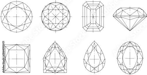 Intricate gem designs, showcase a variety of gemstone cuts, highlighting the facets and geometry of each piece. These detailed line drawings provide a glimpse into the art of gem cutting.