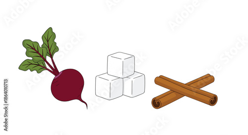 Collection of natural food ingredients featuring a whole beetroot, white sugar cubes, and two cinnamon sticks on white.