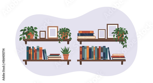 Set of wooden wall shelves organized with colorful books, potted green plants, and empty picture frames for modern home decor.