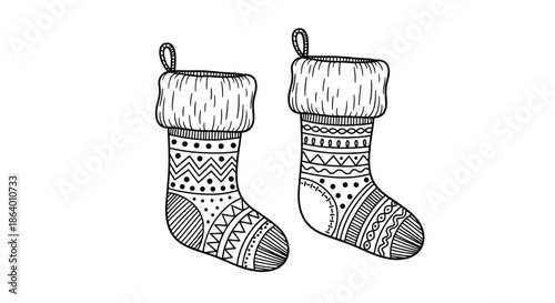 Pair of festive Christmas stockings decorated with intricate geometric patterns and fur tops in a black and white line art.