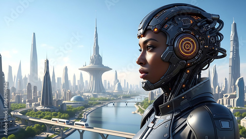 Cybernetic Woman in a High-Tech Cityscape, Digital Art, Bright Environment, Side View, Conceptual Design