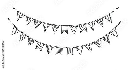 Two rows of festive triangular bunting banners with various patterns in a simple black and white line art style for events.