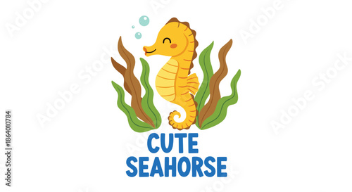 Happy yellow seahorse swimming among green and brown seaweed in a friendly cartoon illustration for children to enjoy.