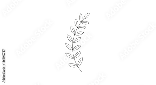 Simple curved branch with many small leaves in a clean black and white line art illustration for nature-themed patterns.