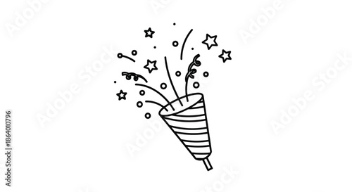 Celebratory party popper exploding with confetti, streamers, and stars in a simple black and white line art illustration.