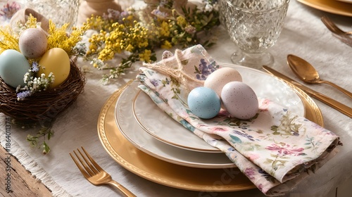 Elegant Easter table setting with pastel eggs and floral napkins
