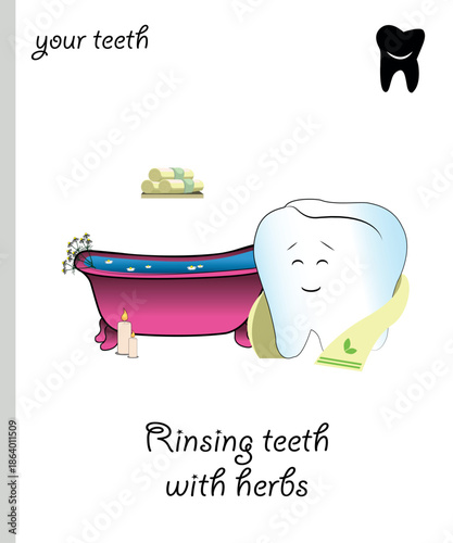 Funny teeth vector rinsing with herbs.eps