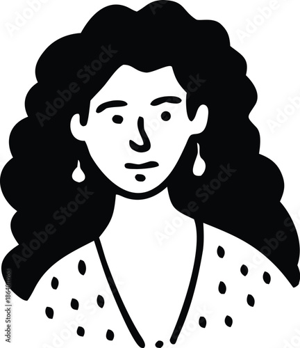 Stylish black and white illustration of a woman with long curly hair and elegant teardrop earrings.