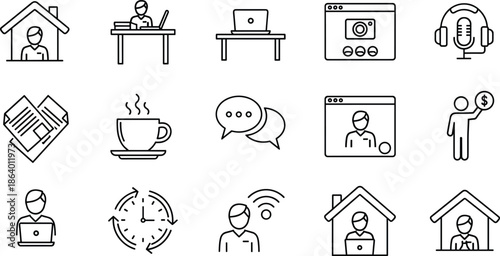 Laptop, Video Call, Headset, Coffee, Newsletter, Time Management, and Wireless Connectivity Outline Symbols Collection.