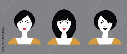 Stylized female avatars with short black hair and stern expressions, depicting various attitudes.