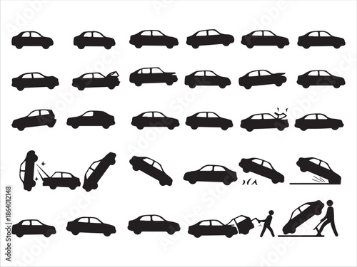 Collection of car icons illustrating various driving and parking scenarios