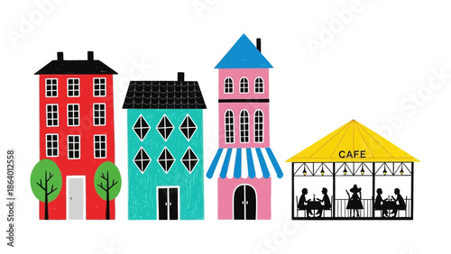 city street illustration featuring colorful cartoon buildings and an inviting outdoor cafe where people are socializing and relaxing