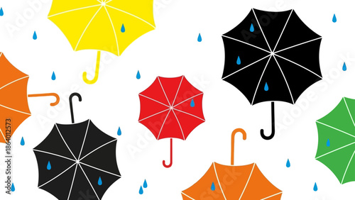 colorful umbrellas rain pattern illustration featuring vibrant open umbrellas and blue falling raindrops on a white background for seasonal design.