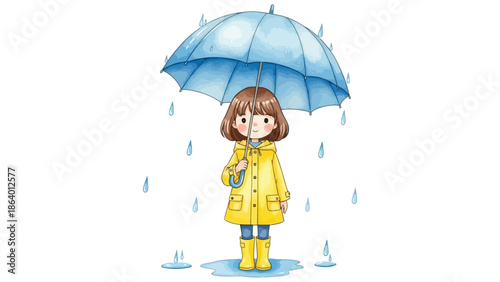 cute cartoon girl holding umbrella in rain wearing yellow raincoat and boots happily splashing in puddles on a wet day for weather safety