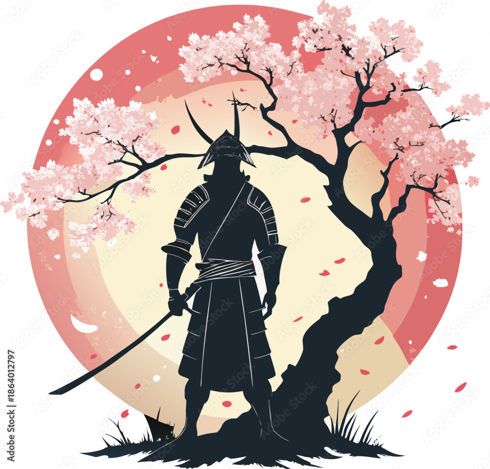 Obraz premium Japanese Samurai Armor Silhouette with Sakura Blossom Circle Vector