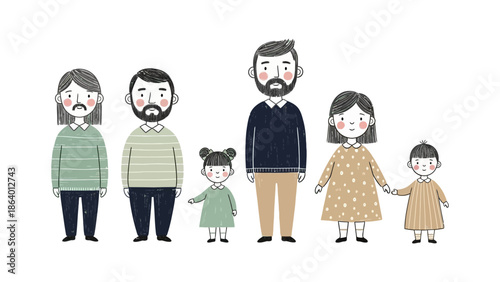 diverse family illustration featuring a group portrait of parents and children standing together ideal for childrens books and editorial content.
