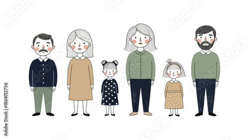 diverse family illustration featuring parents and children standing in a row on a white background ideal for child development concepts and educational materials.