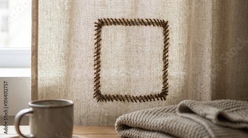 Beige translucent curtain with brown embroidered square design