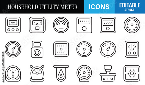 Minimal household utility meter outline icons set