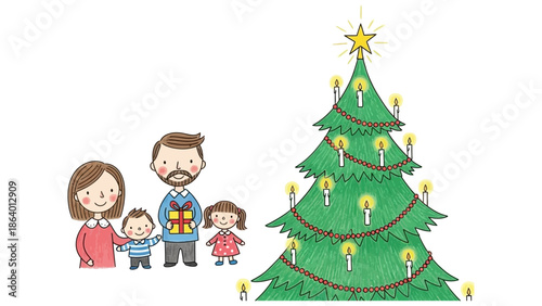 family christmas holiday illustration showing parents and two children with a gift by a festive tree for seasonal greetings.