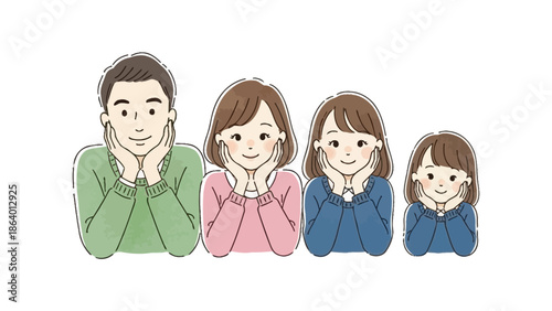 family of four illustration showing happy father mother and two daughters smiling with chins in hands depicting unity and positive domestic life concepts.