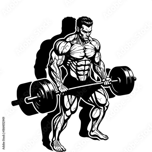 “Masculine gym logo illustration, monochrome color scheme, muscular man lifting weights, strong anatomy emphasis, dramatic shadows, modern fitness branding.”
