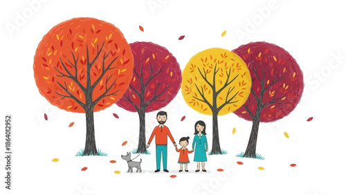 family walking in autumn park with dog enjoying colorful fall season illustration for seasonal outdoor activities and family bonding concepts.