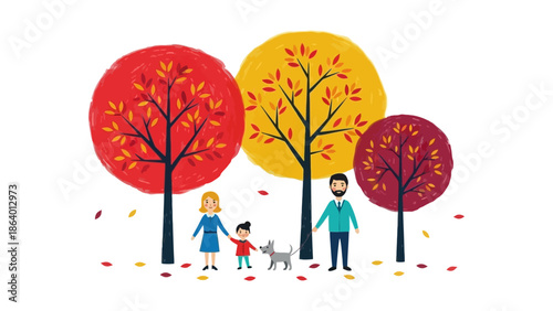 family walking through an autumn park with their dog enjoying seasonal outdoor activities for cheerful lifestyle and wellbeing content.