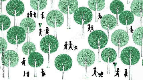 family walking in nature with children among stylized trees depicting community and healthy outdoor lifestyle for educational and lifestyle needs.