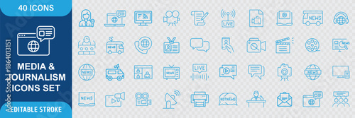 Journalism Line Icon Set. News, Press, Reporter, Journalist, Podcast, Microphone, Interview, Newspaper and Media Icons. Editable Outline Stroke. Vector Illustration