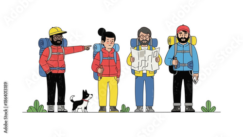 group of hikers with a dog exploring an outdoor trail illustrating teamwork and adventure useful for travel and healthy lifestyle promotions.