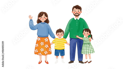 happy family together with parents and two children standing cheerfully holding hands on a plain background for parenting and lifestyle concepts