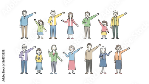 japanese people gesturing directions multi-generational individuals on white background ideal for instructions and presentations.