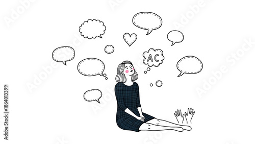 mental health illustrating a young woman overthinking surrounded by speech bubbles symbolizing anxiety and communication struggles.