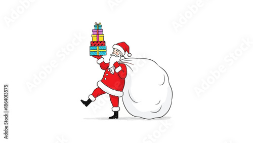 santa claus delivering gifts walking on a white background with a sack full of presents for holiday season greeting cards and festive marketing campaigns